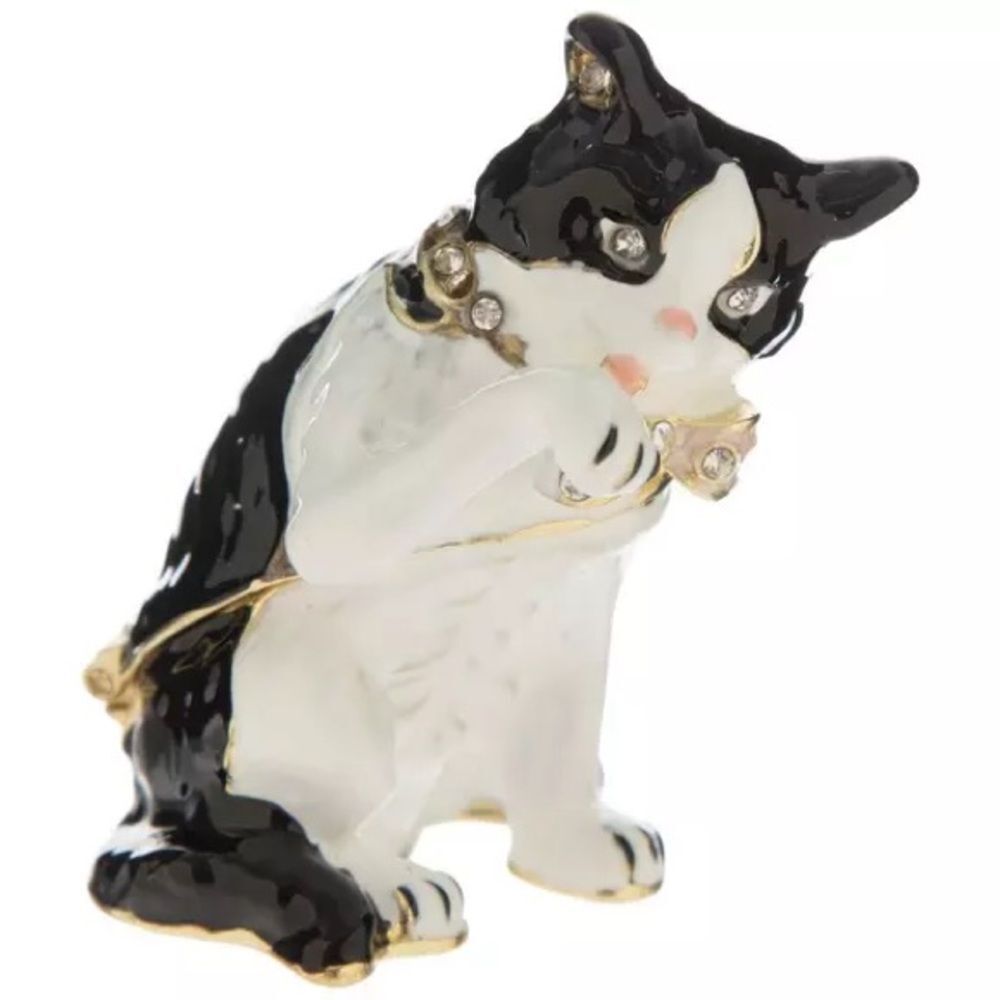 New Cat Licking Paw Jewelry Trinket Box